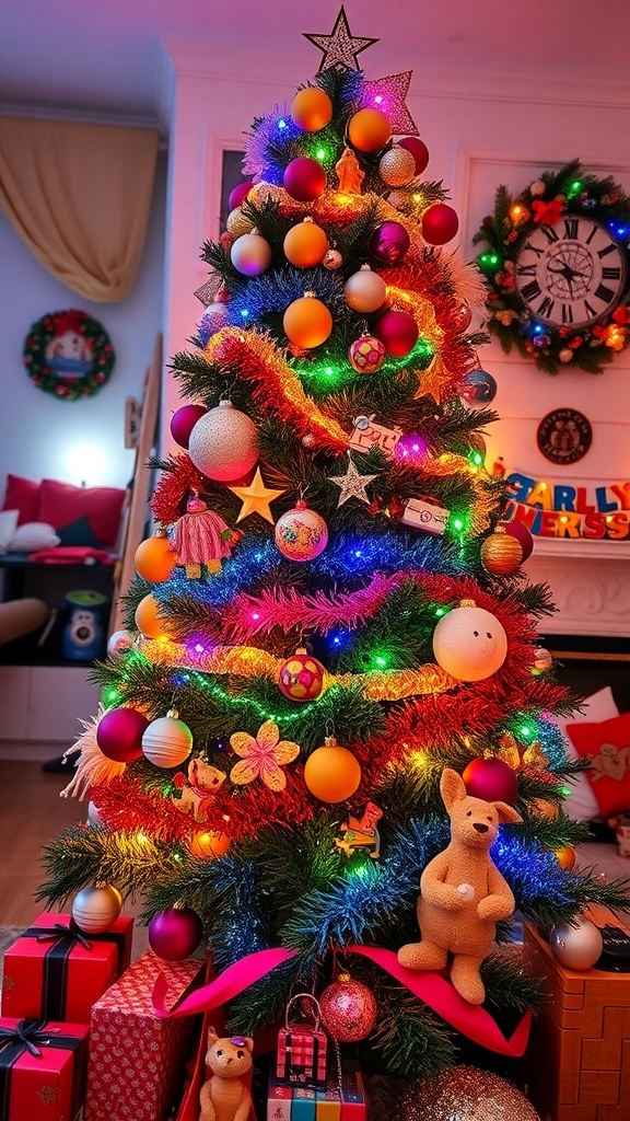 90s Themed Christmas Tree Decoration A colorful 90s themed Christmas tree with bright ornaments and tinsel in a cozy living room.
